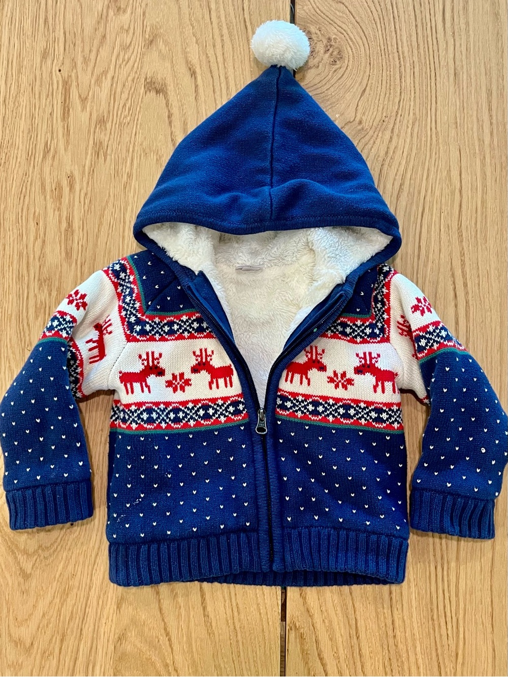 Hanna Andersson Blue Fleece Winter Holiday Hooded Zip Sweater with Red Reindeer